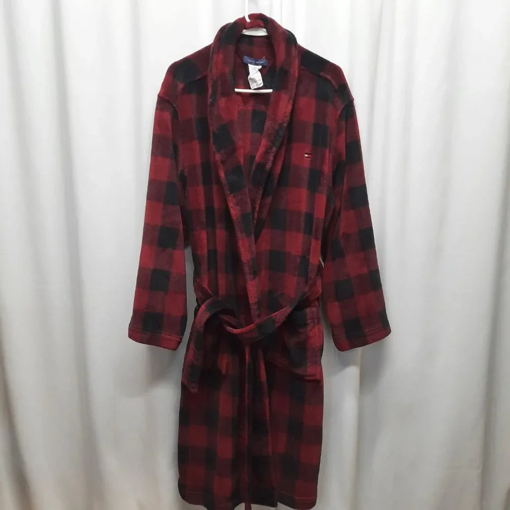 Tommy Hilfiger Mens Medium Plaid Fleece Robe Red Black Sleepwear Pajamas Warm